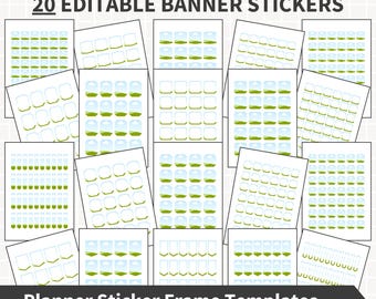 CANVA Banner Planner Sticker Template Bundle, 20 Bannerflags Bearbeitbare Rahmenvorlagen DIY Label Stickers Sheets, kommerzielle Nutzung Ziehen + Ablegen