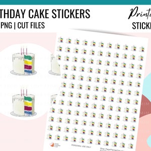 Afdrukbare plannersticker verjaardagstaart, pictogrammen verjaardagstaart, handgetekend, stickers verjaardagsherinnering voor planners