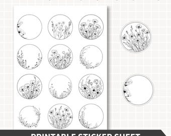 WILDFLOWERS Aufkleber Bogen Druckbare, Wilde Blumen Aufkleber, Druckbare Schwarz Weiß Kreis 2 "Zoll Floral Monochrom Scrapbook Botanische