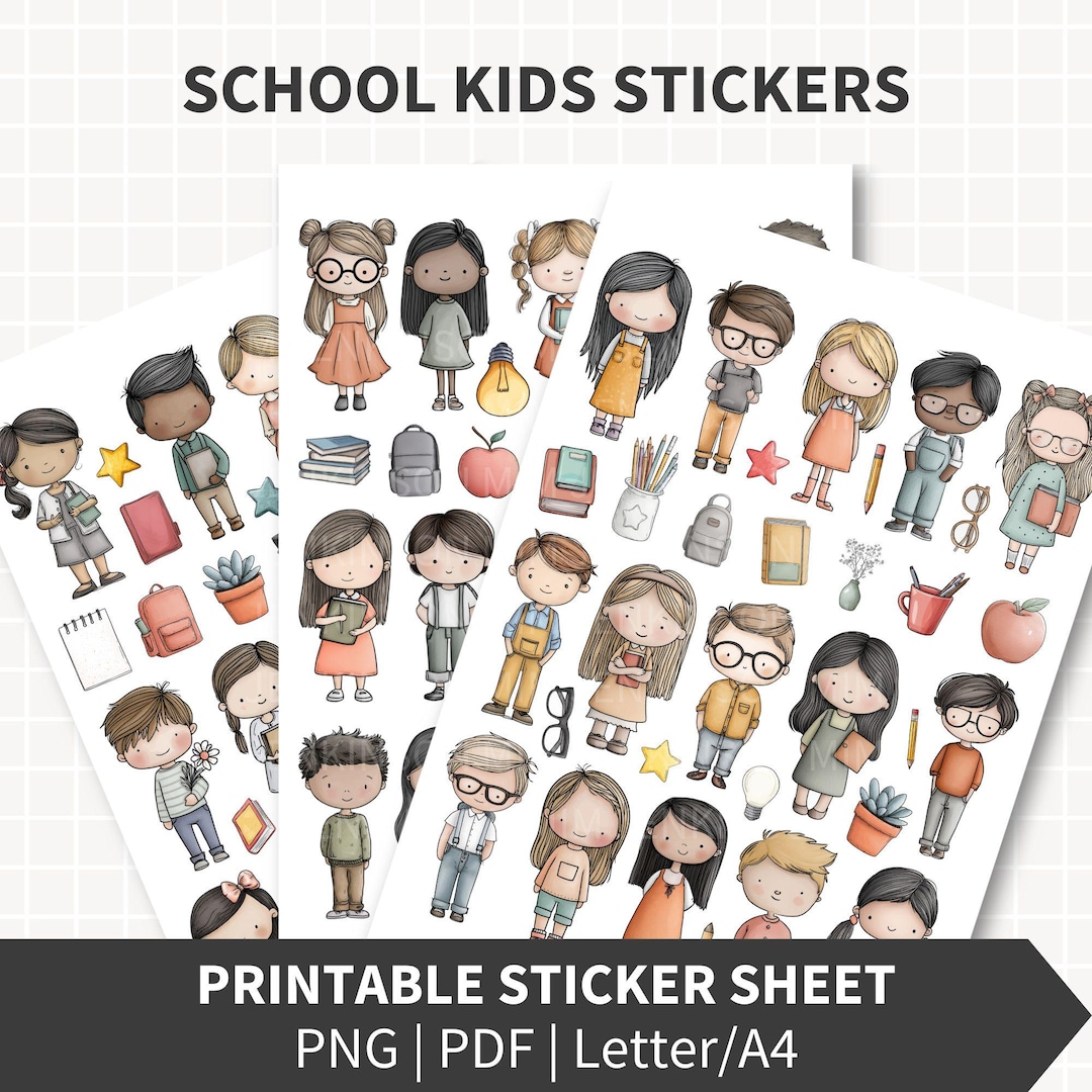 Sticker Page Kids SCHOOL CHILDREN Printable Stickers, 3 Sheet Kids Illustrations, Teacher ...