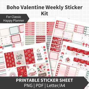 Pegatinas imprimibles para planificador BOHO VALENTINE, kit semanal clásico Happy Planner de febrero, set de pegatinas decorativas y funcionales para San Valentín