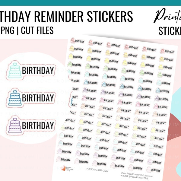 Printable BIRTHDAY Planner Sticker | Birthday Cake Printable Stickers | Birthday Reminder Stickers for Planners, Birthday Printables