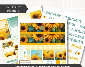 SUNFLOWERS Printable Planner Stickers for Erin Condren, Monthly Kit Sticker, Yellow Sunflower Sticker, ECLP LifePlanner All Months Cut Files