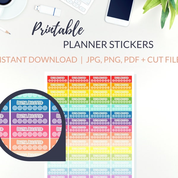 DIGITAL DECLUTTER Printable Stickers PDF, Decluttering Stickers with Cut Files | Digital Minimalist Planner Sticker