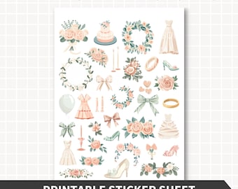 May include: A sheet of wedding planner stickers with various illustrations, including a wedding cake, floral wreaths, wedding dresses, bows, and high heels. The text "WEDDING PLANNER STICKERS" and "PRINTABLE STICKER SHEET" are at the top and bottom.