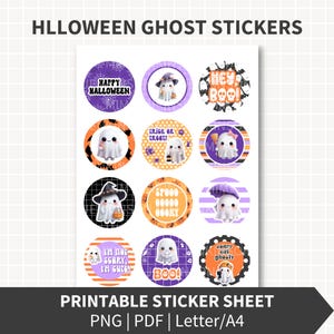 May include: A printable sticker sheet featuring Halloween-themed ghost designs. The stickers are round with various phrases like "Happy Halloween" and "Hey Boo!" in a playful font. The color palette includes purple, orange, and black.
