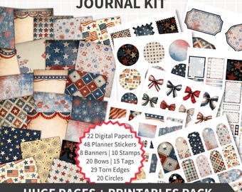 JUNK JOURNAL Kit Printables, Vintage Patriotic 4. Juli Shabby Journaling Digitale Aufkleber Scrapbook Papier Vierter, Ephemera Fussy Schnitte