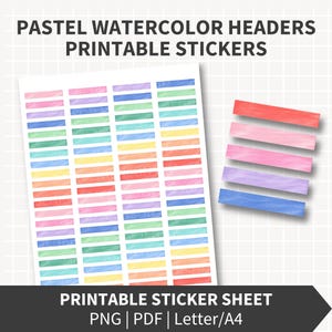 Peut inclure: Une feuille d'autocollants rectangulaires avec des en-têtes aquarelle pastel dans diverses couleurs comme le rose, bleu, vert, jaune et violet. Le texte indique PASTEL WATERCOLOR HEADERS PRINTABLE STICKERS et PRINTABLE STICKER SHEET PNG PDF Letter/A4.
