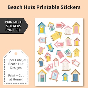 BEACH HUTS Naklejki do wydrukowania, Dekoracyjne ilustracje, Arkusz naklejek z ilustracjami do wydrukowania, Plik do cięcia, Planery na dzień na plaży