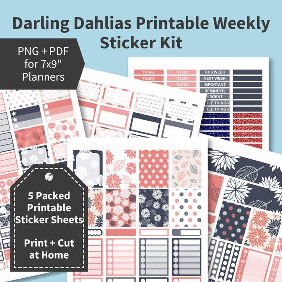 PRINTABLE DAHLIAS Planner Stickers, Erin Condren Vertical Planner, Floral Stickers Kit, Floral Weekly Stickers Kit, Floral Planner