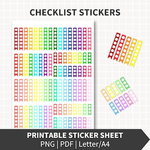 May include: A sheet of colorful checklist stickers with the text "CHECKLIST STICKERS" at the top. The stickers are arranged in vertical rows of various colors, including red, orange, yellow, green, blue, and purple. The text "PRINTABLE STICKER SHEET" is at the bottom.