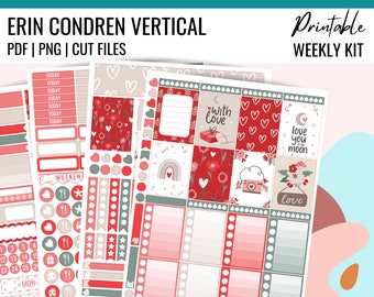 BOHO VALENTINE'S Day Planner Stickers, Erin Condren Weekly Kit, Printable Vertical Stickers, Valentines Weekly ECLP Printable