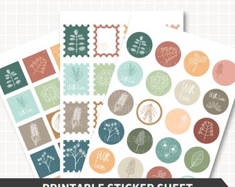 FLORAL Printable Planner Stickers, 3 Sheet Illustrated Flowers Leaves, Neutral Decorative Circle Square Stickers Scrapbook, Instant Download