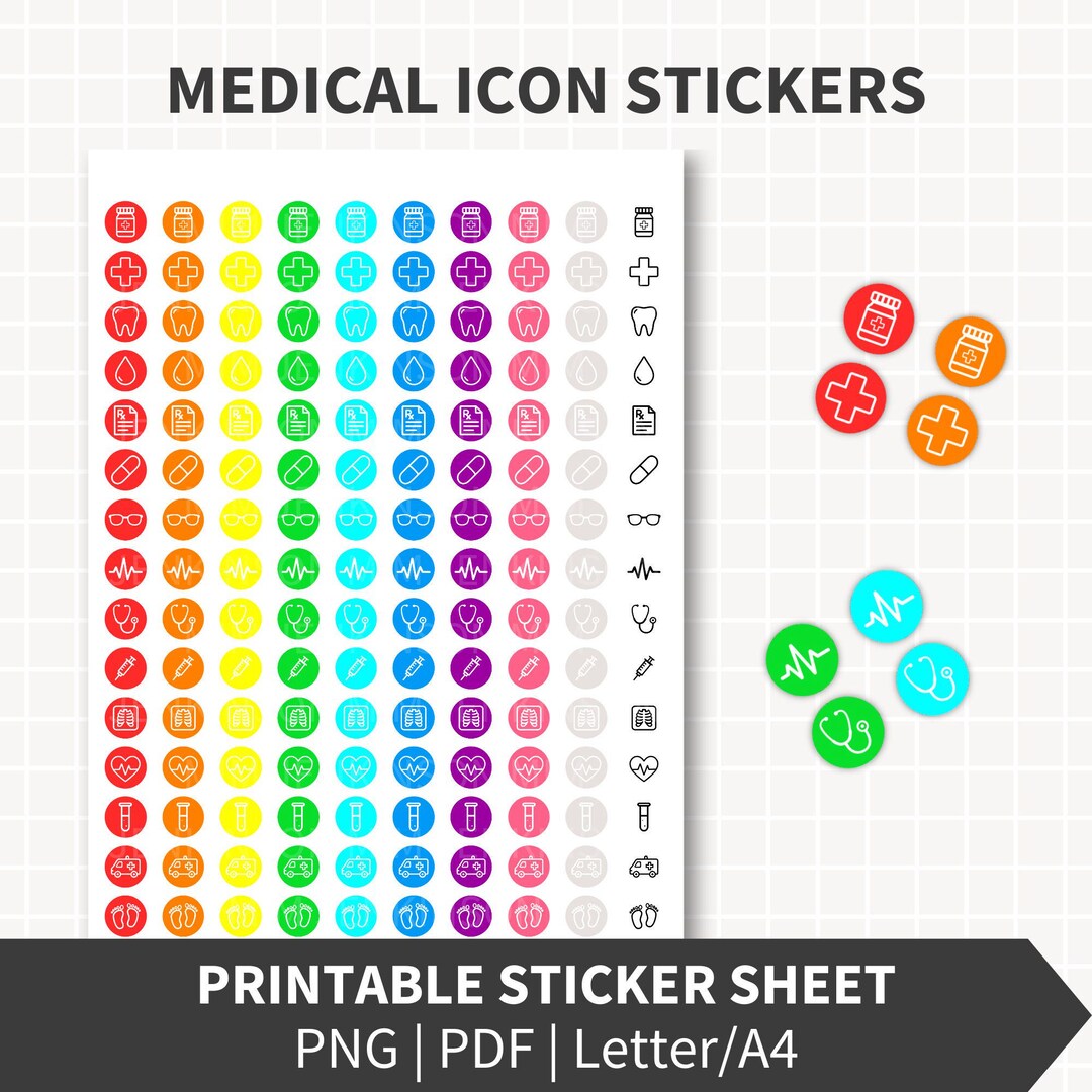 MEDICAL Planner Stickers Printable, Mixed Health Icons 0.5x0.5 Inch ...
