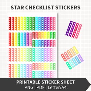 May include: A printable sticker sheet with the text "STAR CHECKLIST STICKERS". The stickers are colourful, with star patterns in red, orange, yellow, green, blue, purple, and pink. The sheet also includes the text "PRINTABLE STICKER SHEET".
