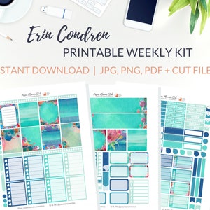 PRINTABLE WATERCOLOR Planner Stickers, Weekly Planner Kit Erin Condren, Vertical Planner Stickers, ECLP Weekly Kit Printable, Blue