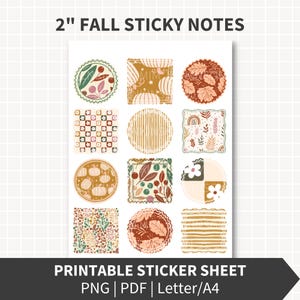 Könnte beinhalten: Ein bedruckbares Stickerbogen mit 5 cm großen Haftnotizen zum Thema Herbst. Das Design umfasst verschiedene Formen mit Herbstblättern, Kürbissen und floralen Mustern in Braun-, Orange- und Grüntönen. Erhältlich in PNG- und PDF-Formaten, Größe A4.