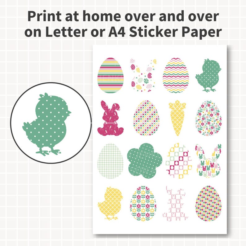 EASTER Patterned Stickers Printable, Bunny Egg Chick Carrot Shapes 1.5 ...