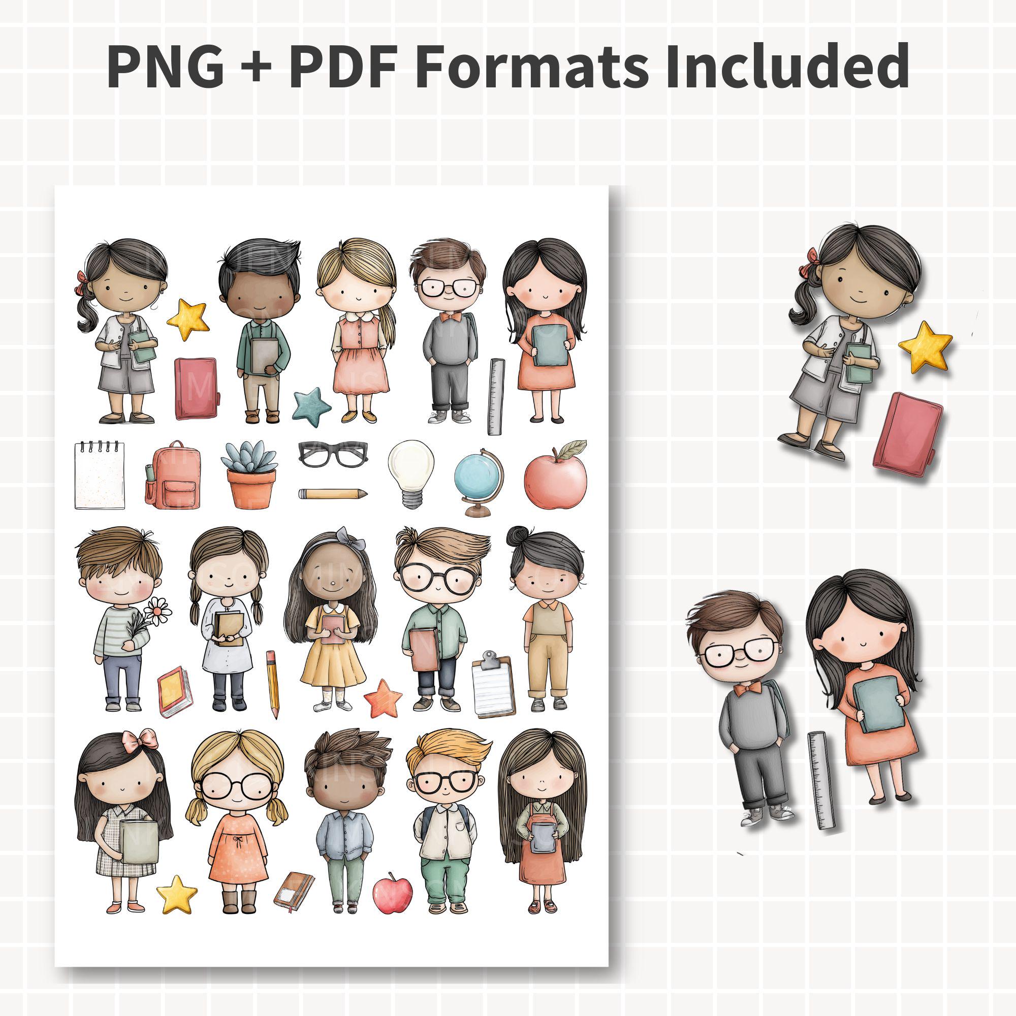 SCHOOL CHILDREN Printable Stickers, 3 Sheet Kids Illustrations, Teacher ...