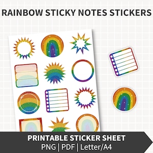 May include: A printable sticker sheet titled RAINBOW STICKY NOTES STICKERS featuring various shapes including circles, stars, and rectangles with rainbow gradients and glitter textures. The sheet includes lined note designs and blank frames.