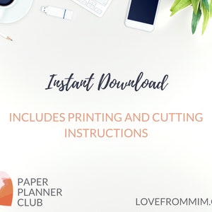 May include: Instant download of printable planner pages. Includes printing and cutting instructions. The image shows a white desk with a cup of coffee, a pencil, a phone, a USB drive, a keyboard, and a plant. The text "Paper Planner Club" and "LoveFromMim.com" are also visible.