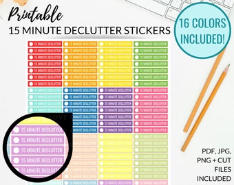 15 MINUTE DECLUTTER Printable Stickers PDF, Decluttering Stickers with Cut Files, Tidy Sticker | Minimalist Planner Sticker