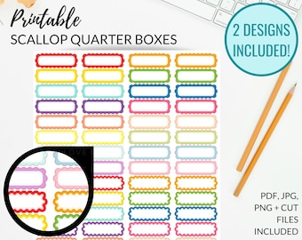PRINTABLE SCALLOP Quarter Box Planner Stickers, Cut Files, Scallop Labels, Scallop Stickers, Erin Condren, Happy Planner, Scallop Sticker