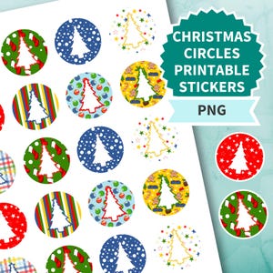 Adesivos imprimíveis de círculo de Natal, adesivo de Natal redondo de 1,5" para decoração de cartões ou presentes, PNG festivo, arquivos de corte Cricut, silhueta, feriados