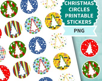 Adesivos de Natal para impressão em círculo, adesivos de Natal redondos de 1,5" para cartões ou decoração de presentes, PNG festivo, arquivos de corte Cricut, Silhouette, feriados