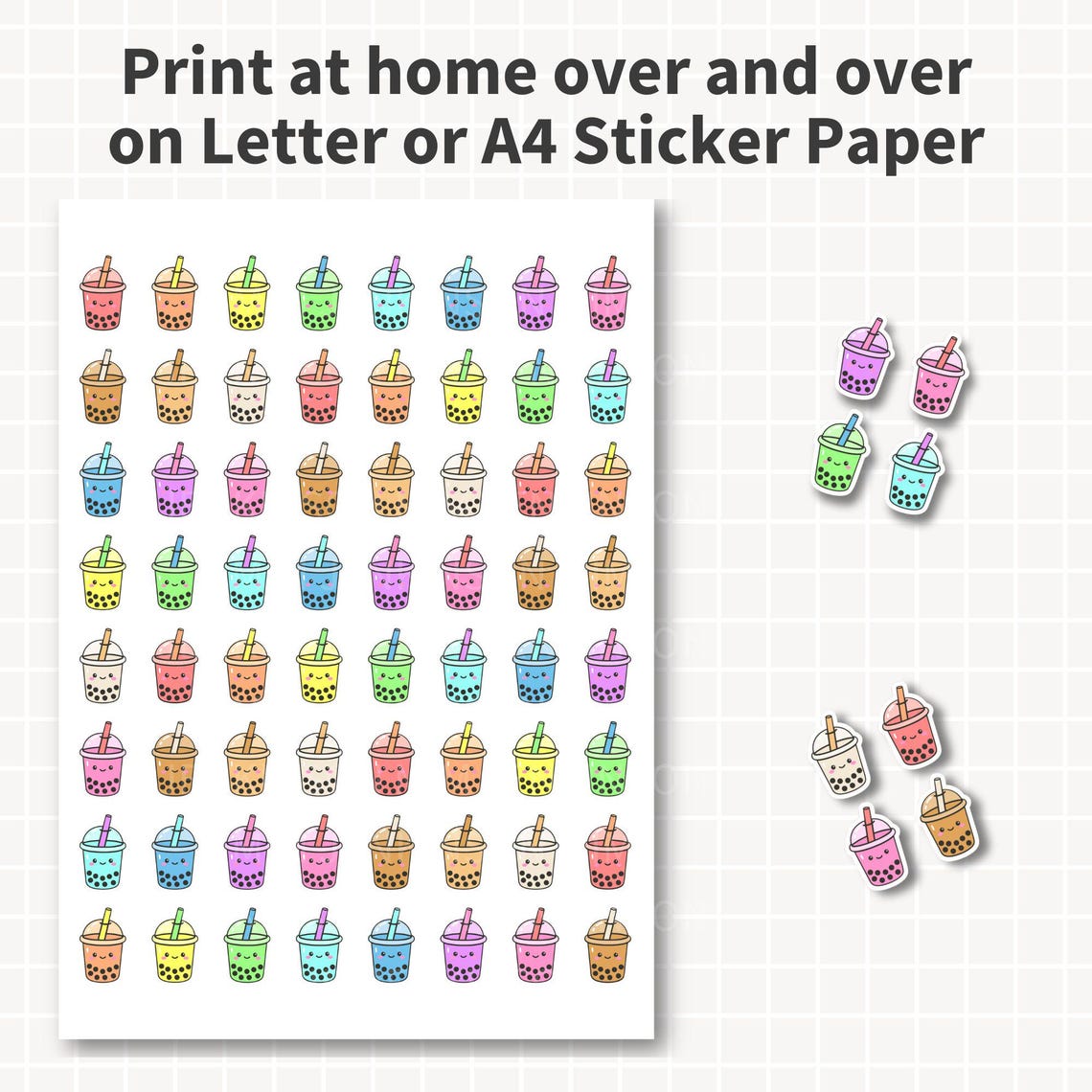 KAWAII BUBBLE TEA Stickers, Printable Boba Tea Sticker Sheet Rainbow ...