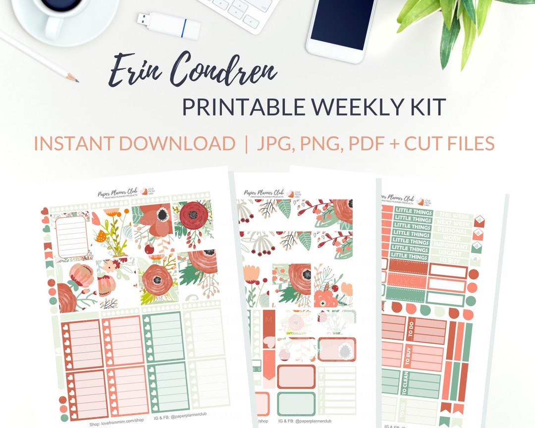 PRINTABLE FLORAL Planner Stickers, Erin Condren Vertical Planner ...