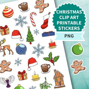 Christmas Clip Art, Printable Sticker Sheet, PNG File, Planner Stickers, Xmas, Printables, Holidays, Digital Download, Cricut, Silhouette