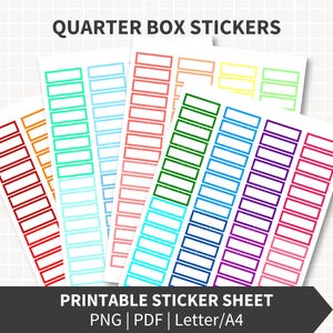 May include: Sheets of quarter box stickers in various colors, including red, orange, teal, blue, green, and purple. The stickers are rectangular with a white interior and a colored border. The text "QUARTER BOX STICKERS" and "PRINTABLE STICKER SHEET" are displayed.