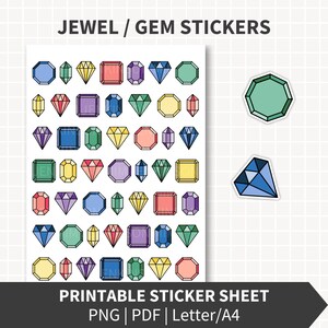 May include: A printable sticker sheet featuring colorful jewel and gem designs in various shapes, including octagons, diamonds, and squares. The stickers are in shades of blue, green, yellow, pink, and purple. The text "JEWEL / GEM STICKERS" and "PRINTABLE STICKER SHEET" are displayed.