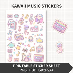 Könnte beinhalten: Ein bedruckbares Stickerbogen mit Kawaii-Musikmotiven. Der Bogen enthält Illustrationen von Musikinstrumenten, Kassetten, Kopfhörern und Noten in Pastellfarben. Der Text "KAWAII MUSIC STICKERS" steht oben.
