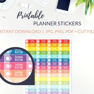 EVENING ROUTINE Printable Stickers PDF, Pm Routine for Habit Tracking with Cut Files