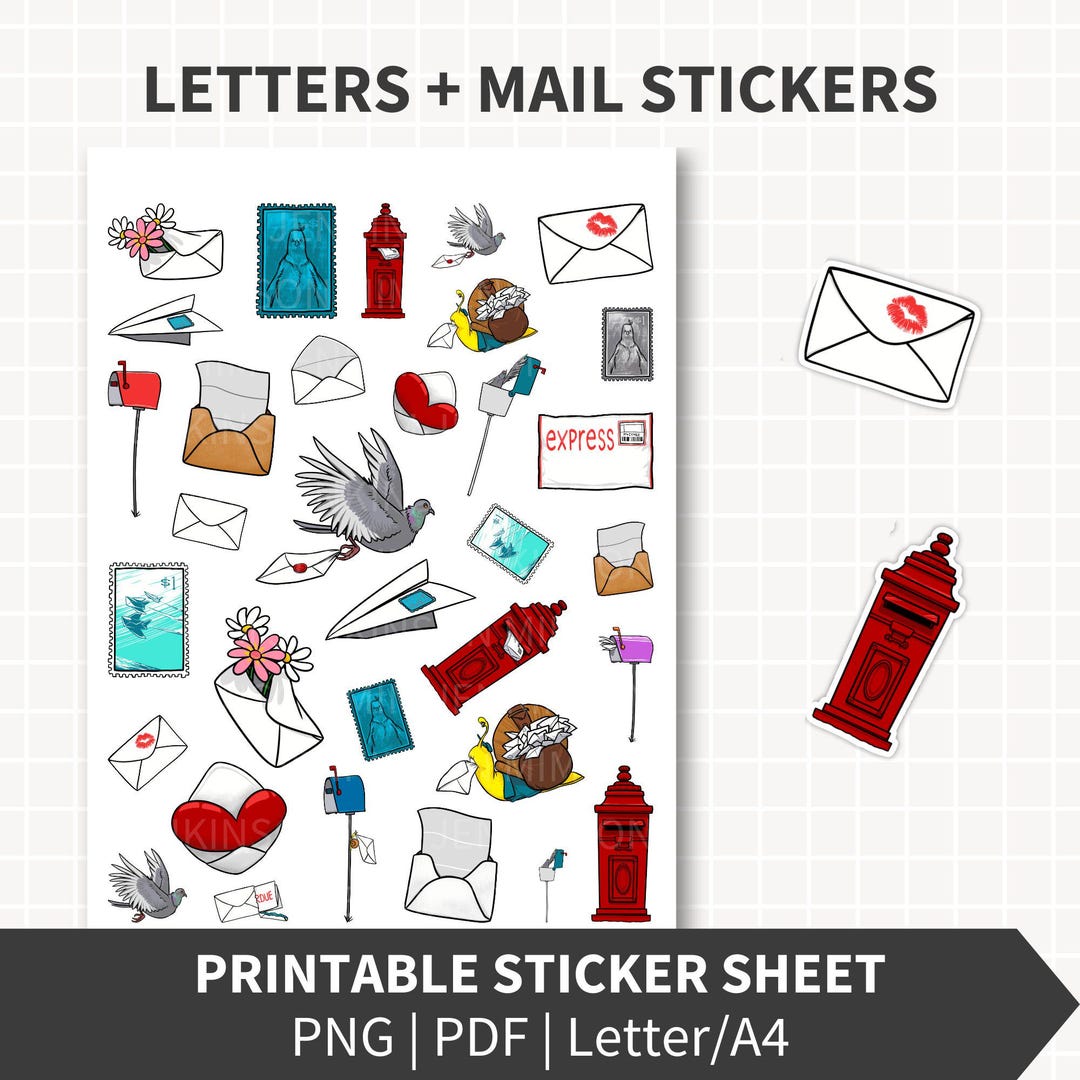 Paper Mails Sticker Design LETTERS Happy Mail Printable Stickers, Decorative Hand Drawn ...