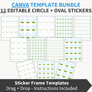 Puede incluir: Un paquete de plantillas de marcos de pegatinas Canva. La imagen presenta 12 diseños de pegatinas editables circulares y ovaladas. El texto "CANVA TEMPLATE BUNDLE" y "Sticker Frame Templates" se muestran. Instrucciones incluidas.