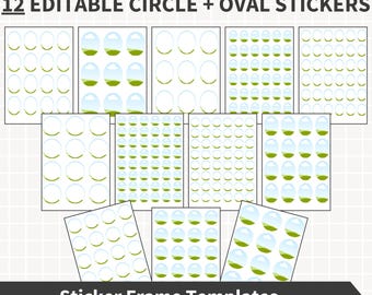 CANVA Circle Template Bundle, 12 x leere bearbeitbare Aufkleberrahmen Vorlagen DIY rund + ovale Etikettenaufkleberblätter, kommerzielle Nutzung ziehen