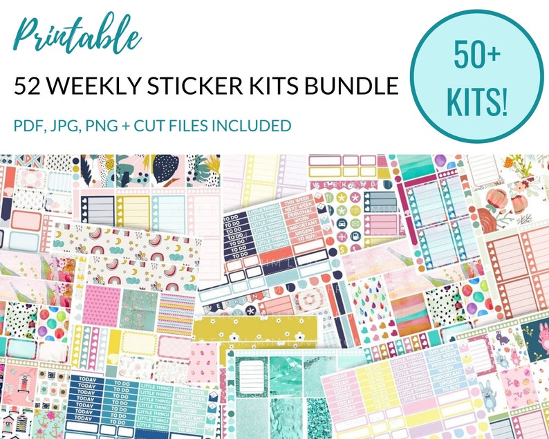 52 WEEKLY KITS Printable Planner Stickers Collection, Printable Sticker Bundle, Print and Cut Files Included image 1