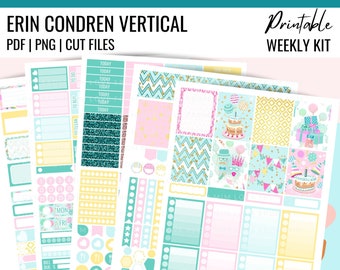 PRINTABLE BIRTHDAY Planner Stickers, Erin Condren Printable Weekly Kit, Birthday Planner Kit, Vertical Planner Stickers, Cut Files