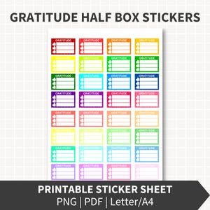 May include: A printable sticker sheet featuring colorful half-box stickers with the word "GRATITUDE" and heart icons. The stickers are in various colors, including red, orange, yellow, green, blue, purple, pink, and teal. The sheet also includes the text "PRINTABLE STICKER SHEET PNG | PDF | Letter/A4".