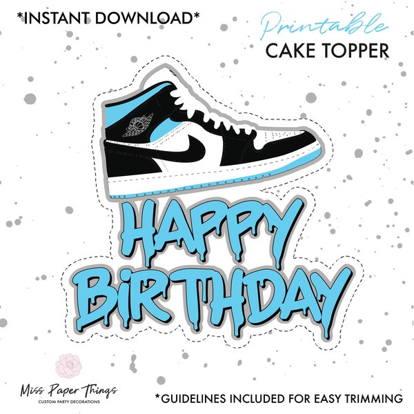 Printable Cake Topper, DIY, Sneaker Cake Topper, Sky Blue, Black and White
