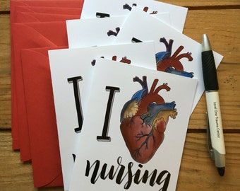 SPECIAL - 5 "I {anatomical heart} Nursing" note cards for any occasion