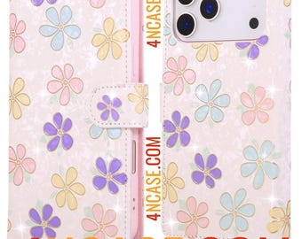 iPhone 17/16 Series Wallet Case with Card Holder – Artificial Leather Floral Design