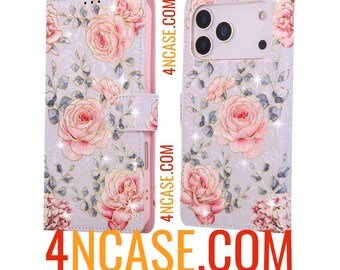 iPhone 17/16 Series Wallet Case: Floral Kunstleder Kartenhalter