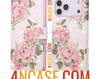 iPhone 17/16 Series Hülle: Kartenhalter aus Kunstleder, Rosen-Design