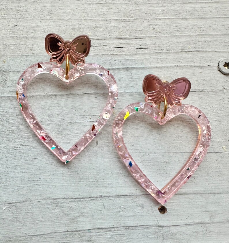 Heart hoop earrings valentine statement love colorful fun whimsical gift quirky pink chunky glitter