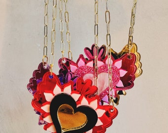 Heart necklace sacred Milagro corazon valentine statement love colorful fun whimsical