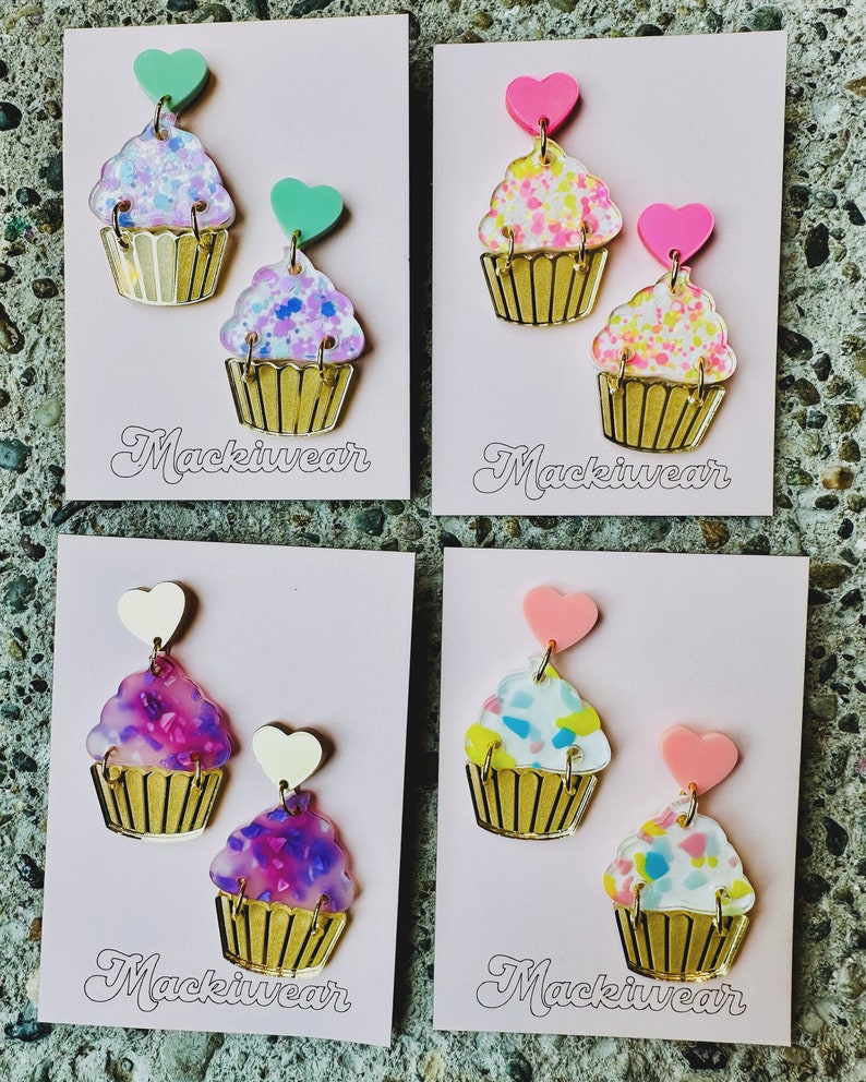 Cupcake acrylic earrings yum yummy summer fun food foodie flavors dessert birthday gift giftable cake treat modern art whimsical fun image 2